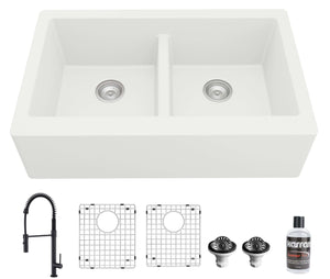 Alternate Image for Karran 34" Quartz Composite Farmhouse Sink with Matte Black Faucet and Accessories, 50/50 Double Bowl, White, QA750WH220MB
