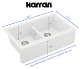 Karran 34" Quartz Composite Farmhouse Sink with Matte Black Faucet and Accessories, 50/50 Double Bowl, White, QA750WH220MB