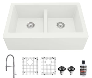 Alternate Image for Karran 34" Quartz Composite Farmhouse Sink with Stainless Steel Faucet and Accessories, 50/50 Double Bowl, White, QA750WH220SS