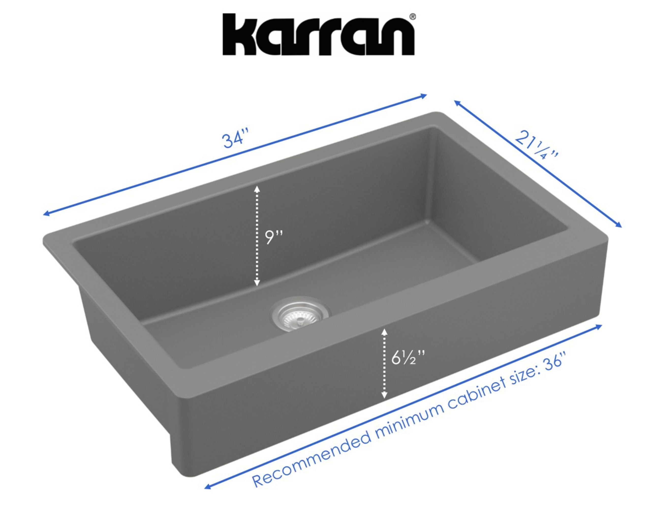 Karran 34" Quartz Composite Retrofit Farmhouse Sink, Grey, QAR-740-GR-PK1