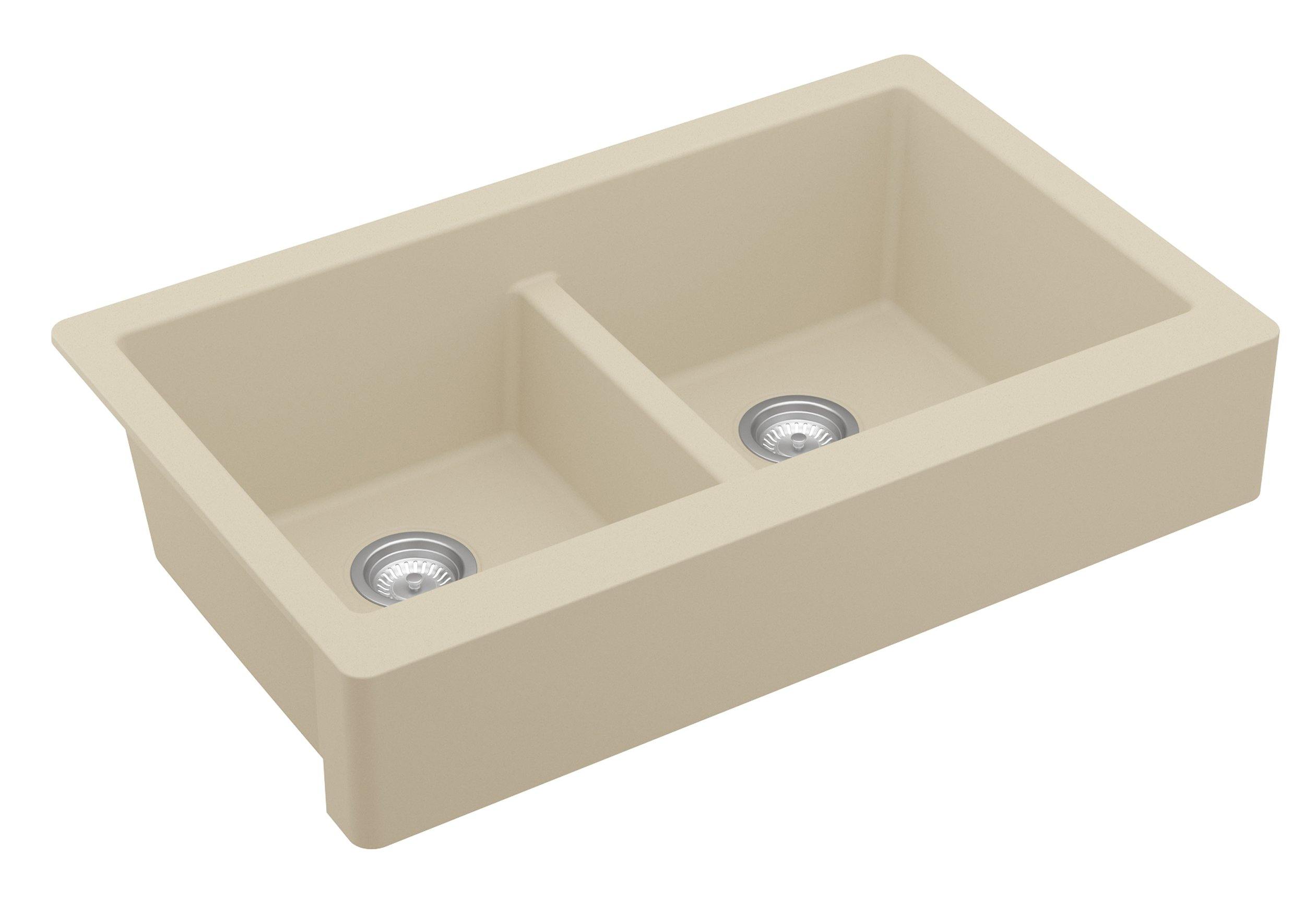 Karran 34" Quartz Composite Retrofit Farmhouse Sink, 50/50 Double Bowl, Bisque, QAR-750-BI