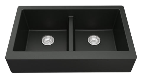 Karran 34" Quartz Composite Retrofit Farmhouse Sink, 50/50 Double Bowl, Black, QAR-750-BL
