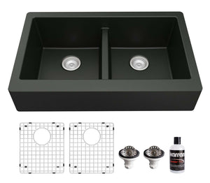 Alternate Image for Karran 34" Quartz Composite Retrofit Farmhouse Sink, 50/50 Double Bowl, Black, QAR-750-BL-PK1