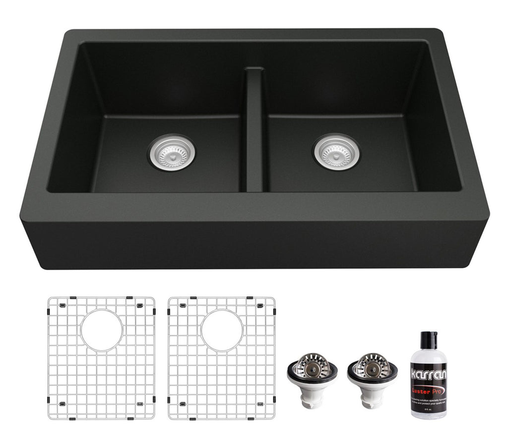 Karran 34" Quartz Composite Retrofit Farmhouse Sink, 50/50 Double Bowl, Black, QAR-750-BL-PK1