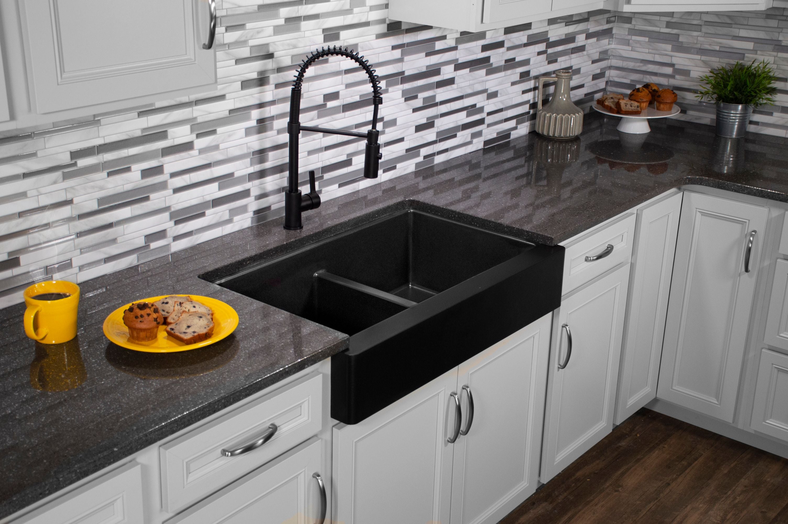 Karran 34" Quartz Composite Retrofit Farmhouse Sink, 50/50 Double Bowl, Black, QAR-750-BL-PK1
