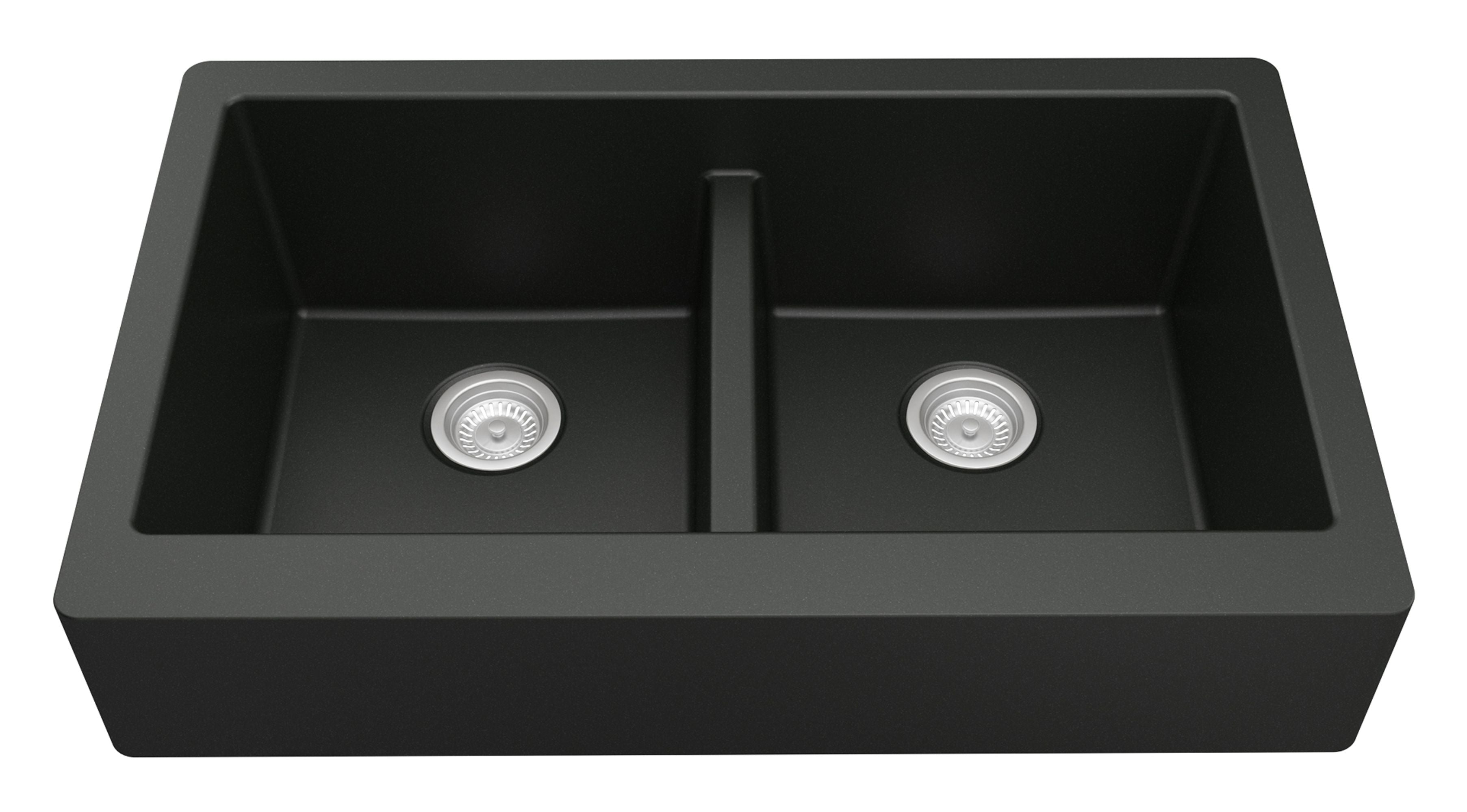Karran 34" Quartz Composite Retrofit Farmhouse Sink, 50/50 Double Bowl, Black, QAR-750-BL-PK1