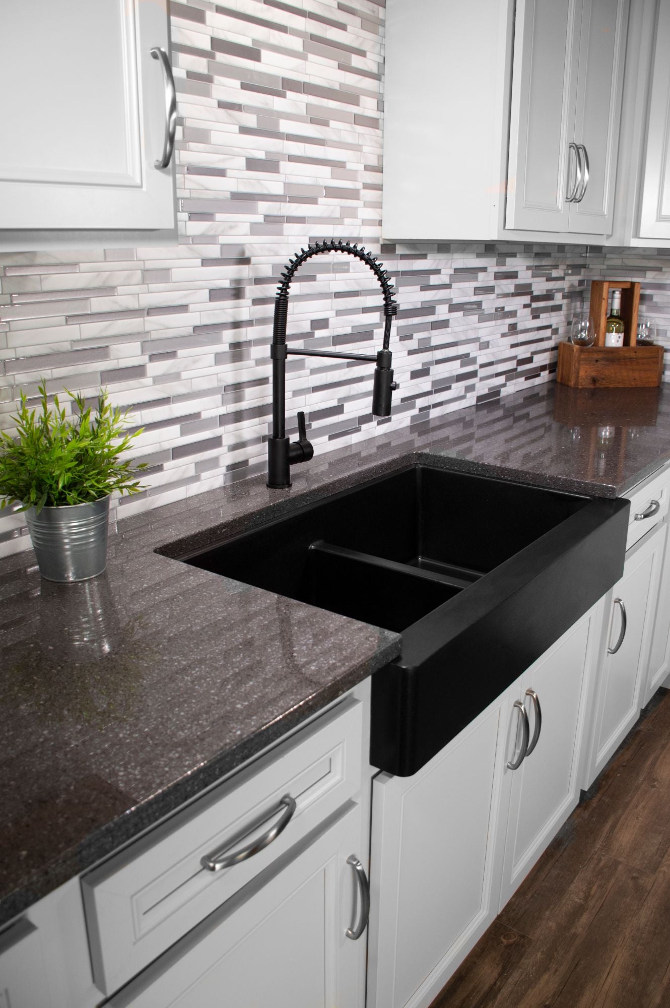 Karran 34" Quartz Composite Retrofit Farmhouse Sink, 50/50 Double Bowl, Black, QAR-750-BL-PK1