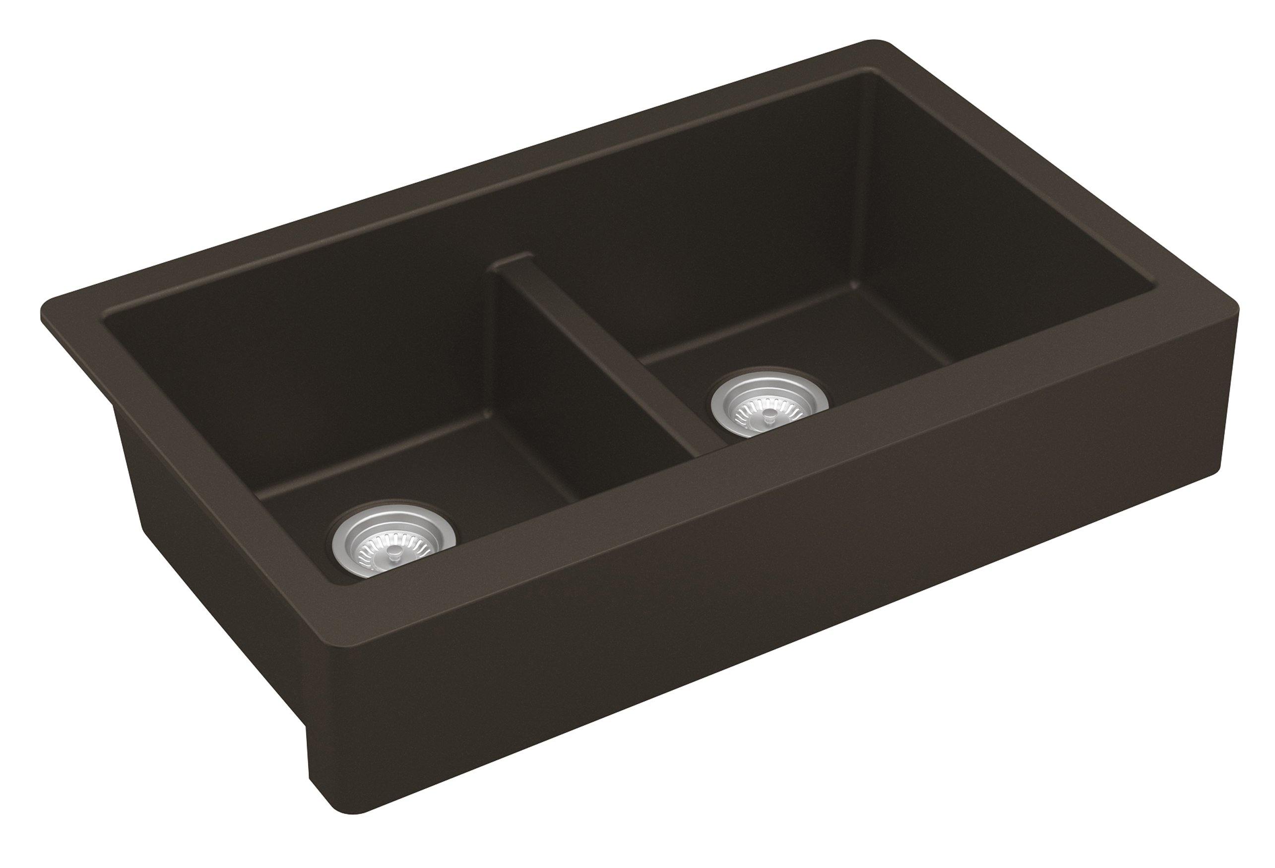 Karran 34" Quartz Composite Retrofit Farmhouse Sink, 50/50 Double Bowl, Brown, QAR-750-BR