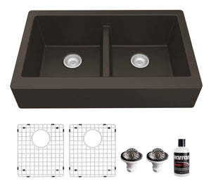 Alternate Image for Karran 34" Quartz Composite Retrofit Farmhouse Sink, 50/50 Double Bowl, Brown, QAR-750-BR-PK1
