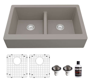 Alternate Image for Karran 34" Quartz Composite Retrofit Farmhouse Sink, 50/50 Double Bowl, Concrete, QAR-750-CN-PK1