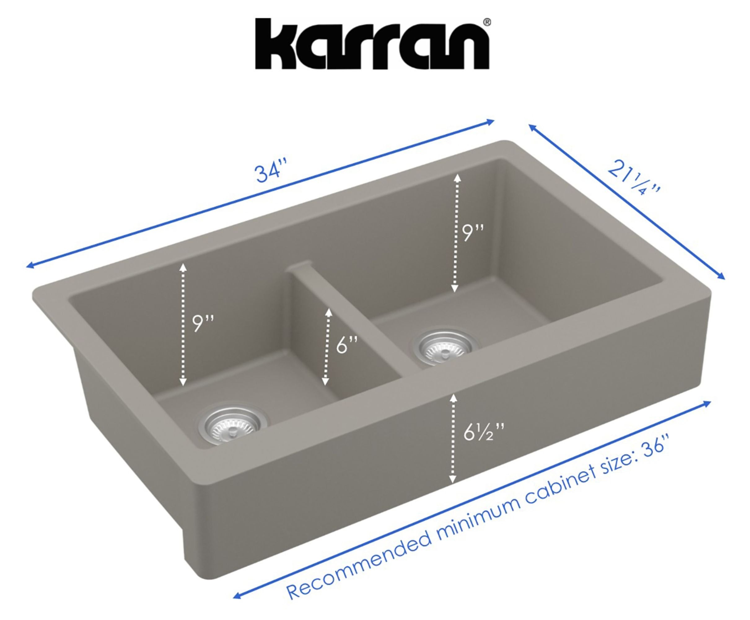 Karran 34" Quartz Composite Retrofit Farmhouse Sink, 50/50 Double Bowl, Concrete, QAR-750-CN-PK1
