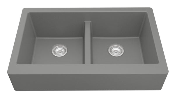 Karran 34" Quartz Composite Retrofit Farmhouse Sink, 50/50 Double Bowl, Grey, QAR-750-GR
