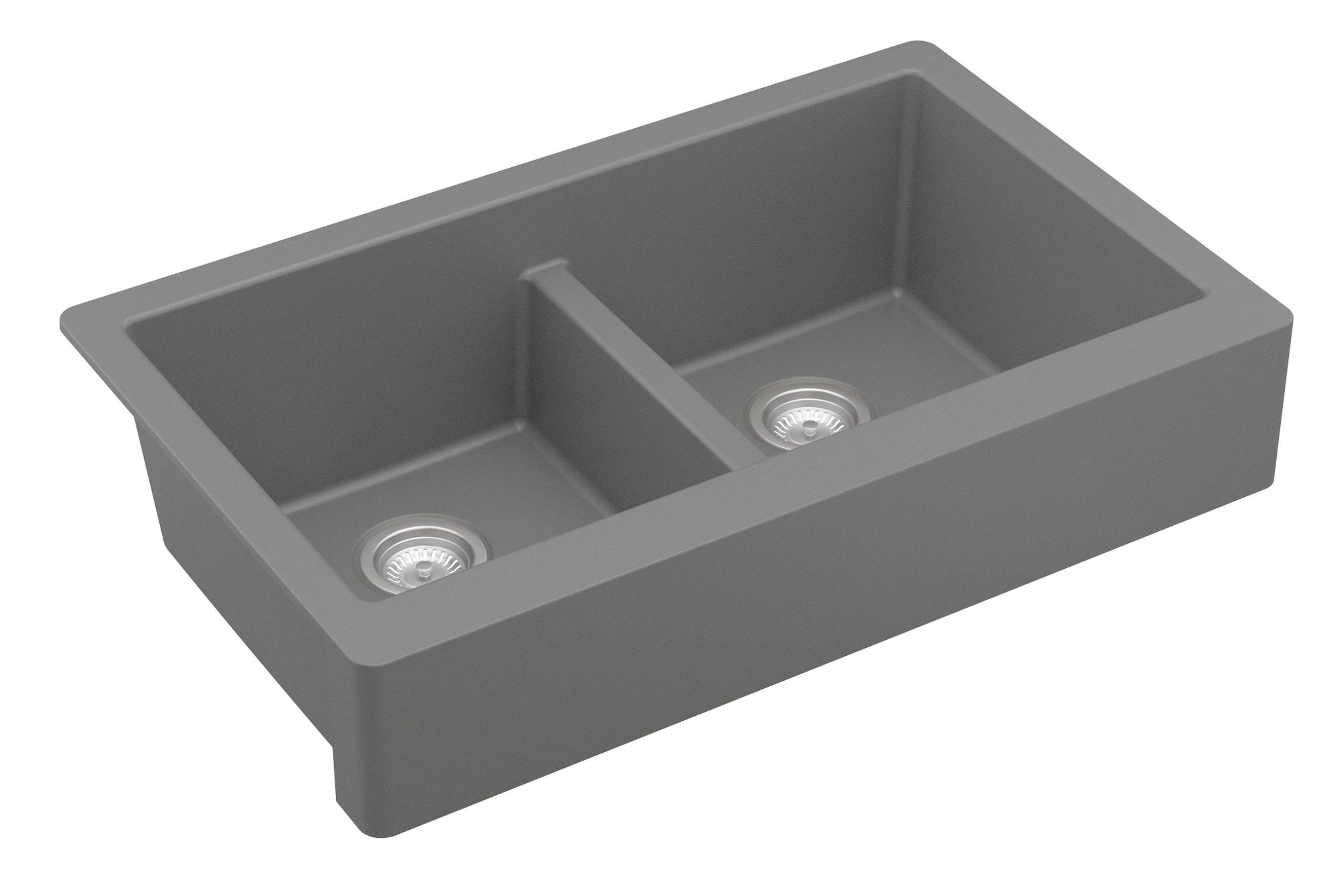 Karran 34" Quartz Composite Retrofit Farmhouse Sink, 50/50 Double Bowl, Grey, QAR-750-GR