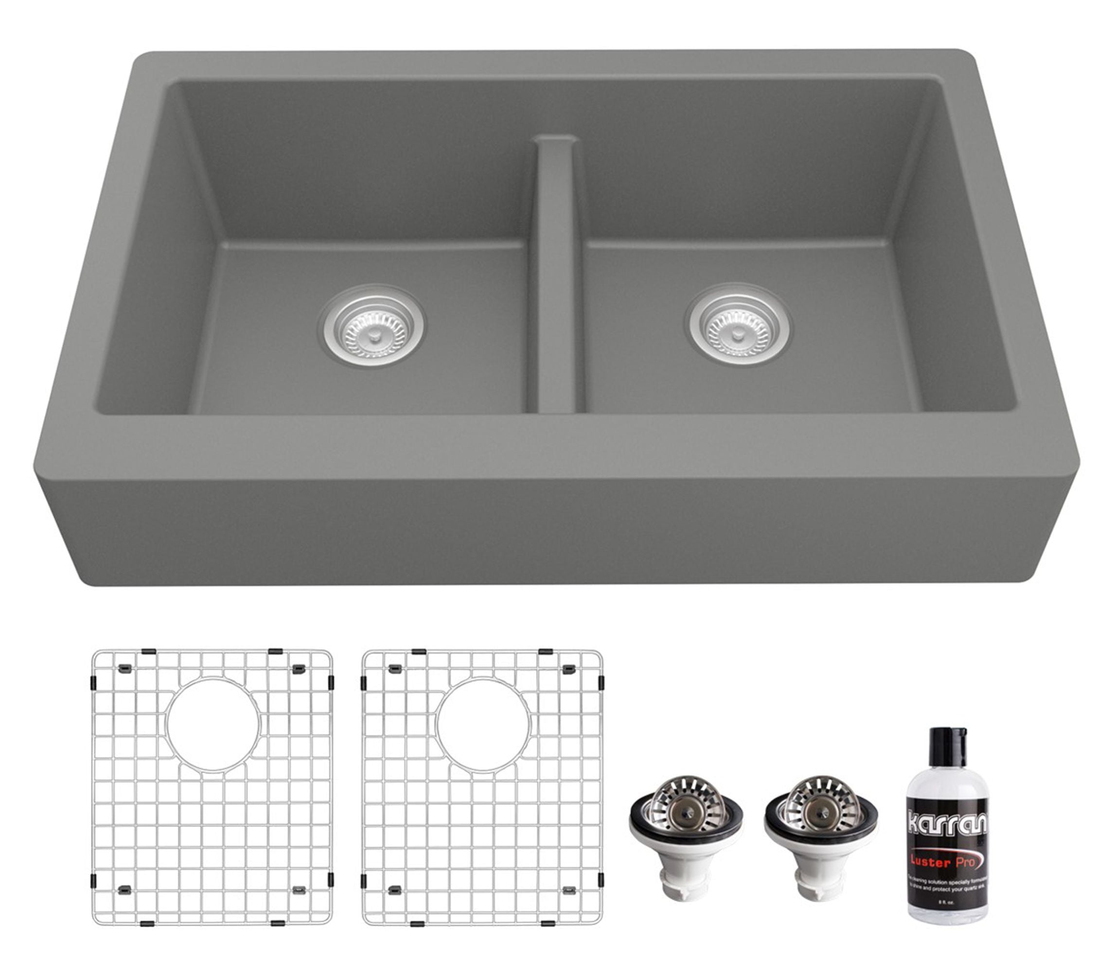 Karran 34" Quartz Composite Retrofit Farmhouse Sink, 50/50 Double Bowl, Grey, QAR-750-GR-PK1
