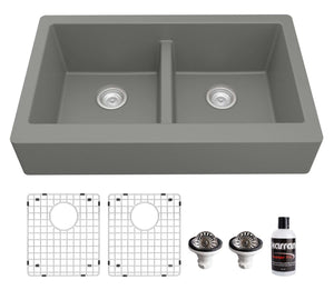 Alternate Image for Karran 34" Quartz Composite Retrofit Farmhouse Sink, 50/50 Double Bowl, Grey, QAR-750-GR-PK1
