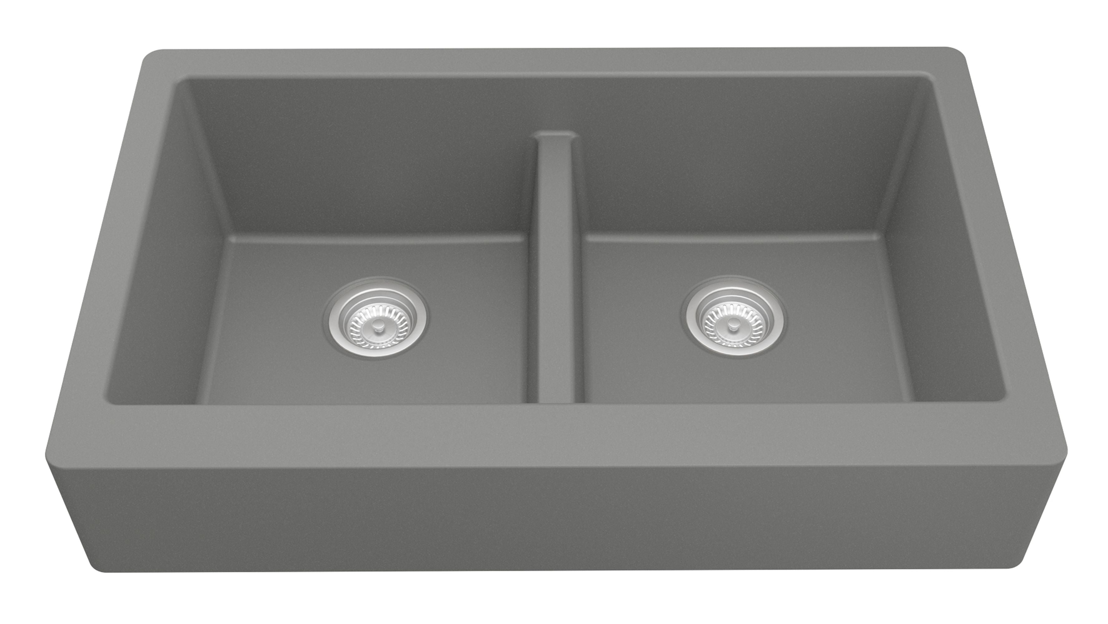 Karran 34" Quartz Composite Retrofit Farmhouse Sink, 50/50 Double Bowl, Grey, QAR-750-GR-PK1