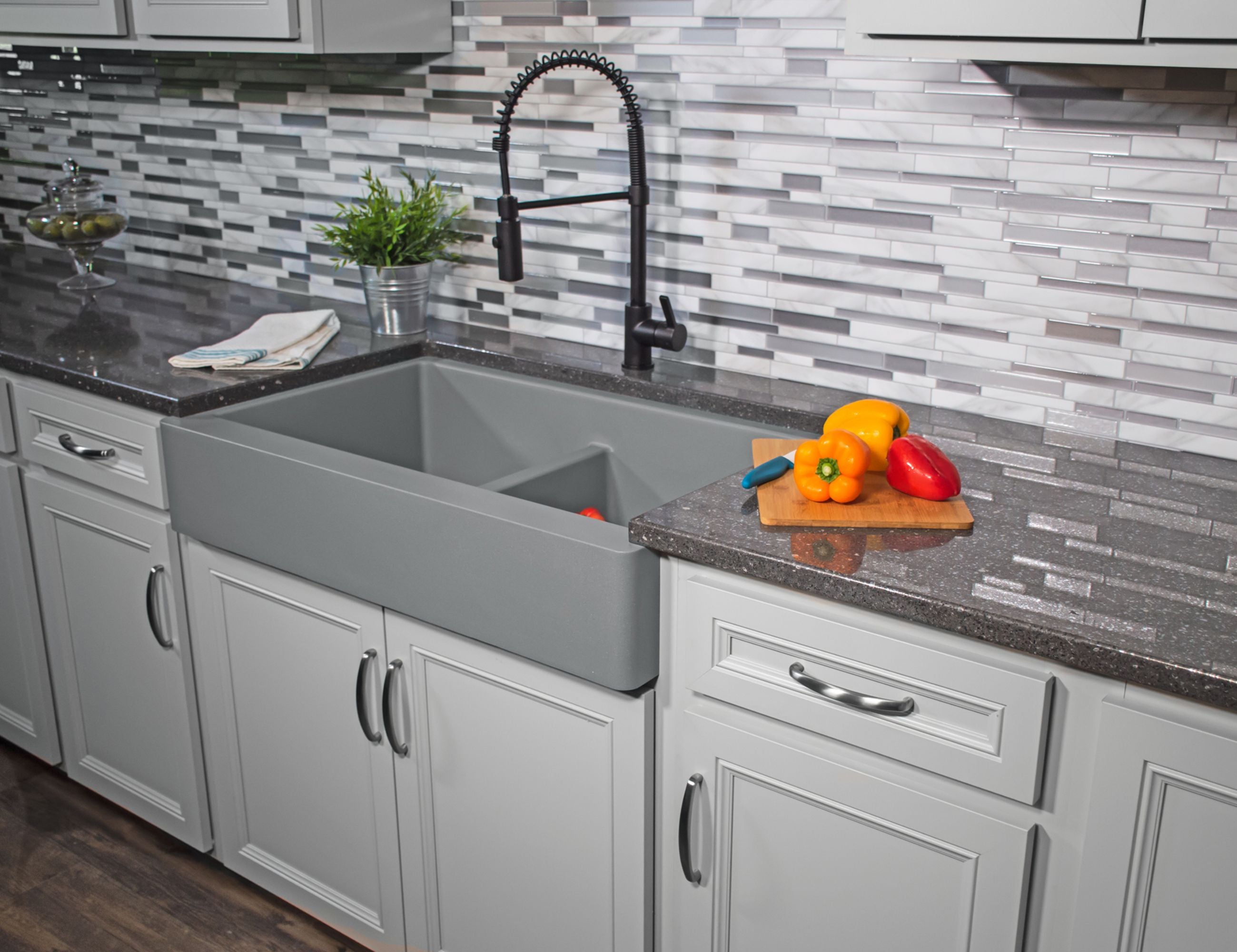 Karran 34" Quartz Composite Retrofit Farmhouse Sink, 50/50 Double Bowl, Grey, QAR-750-GR-PK1