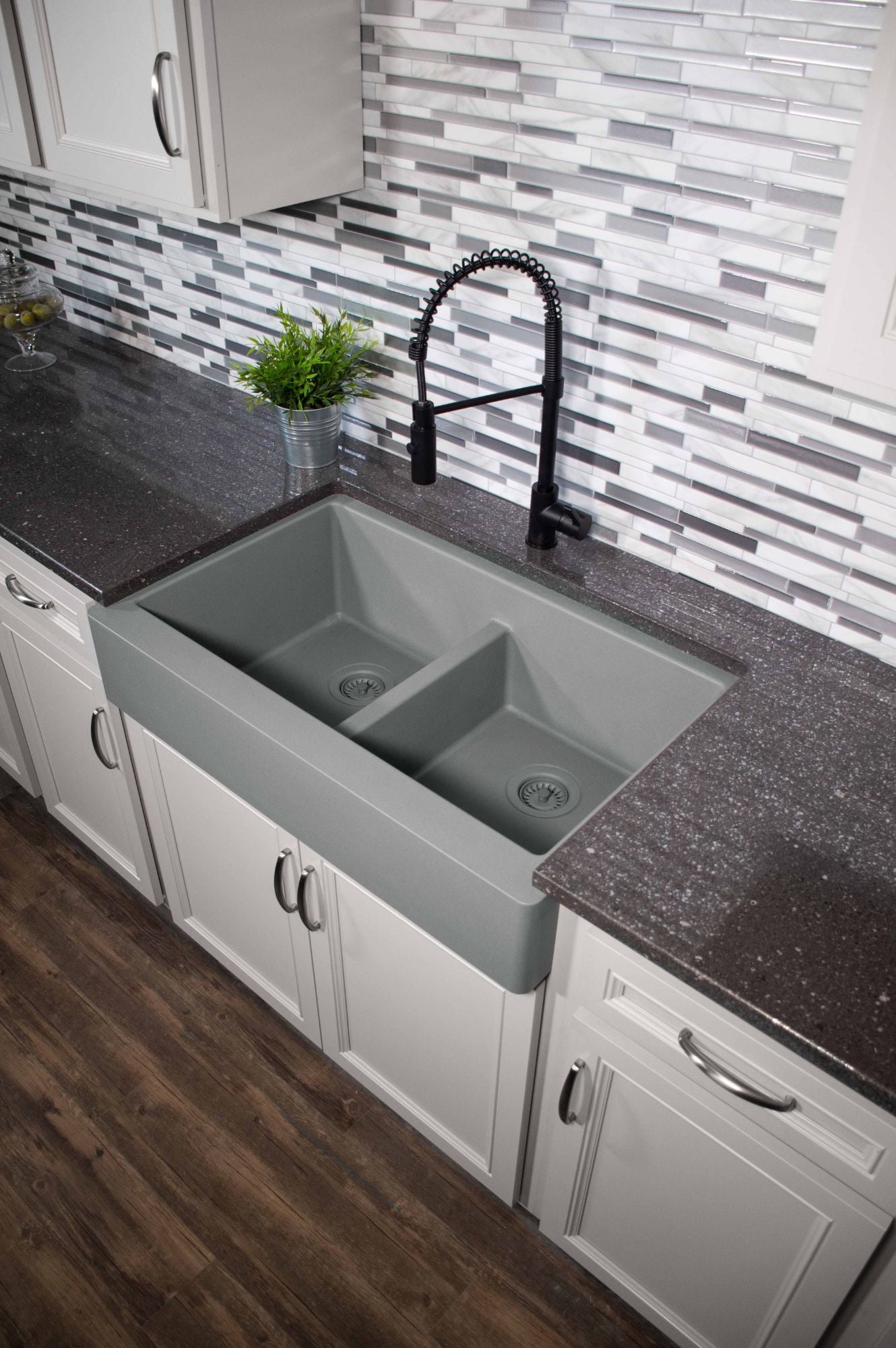 Karran 34" Quartz Composite Retrofit Farmhouse Sink, 50/50 Double Bowl, Grey, QAR-750-GR-PK1