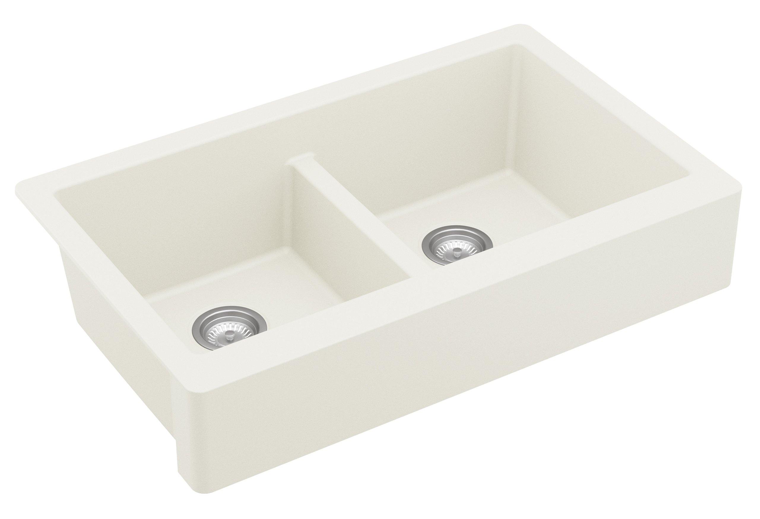Karran 34" Quartz Composite Retrofit Farmhouse Sink, 50/50 Double Bowl, White, QAR-750-WH