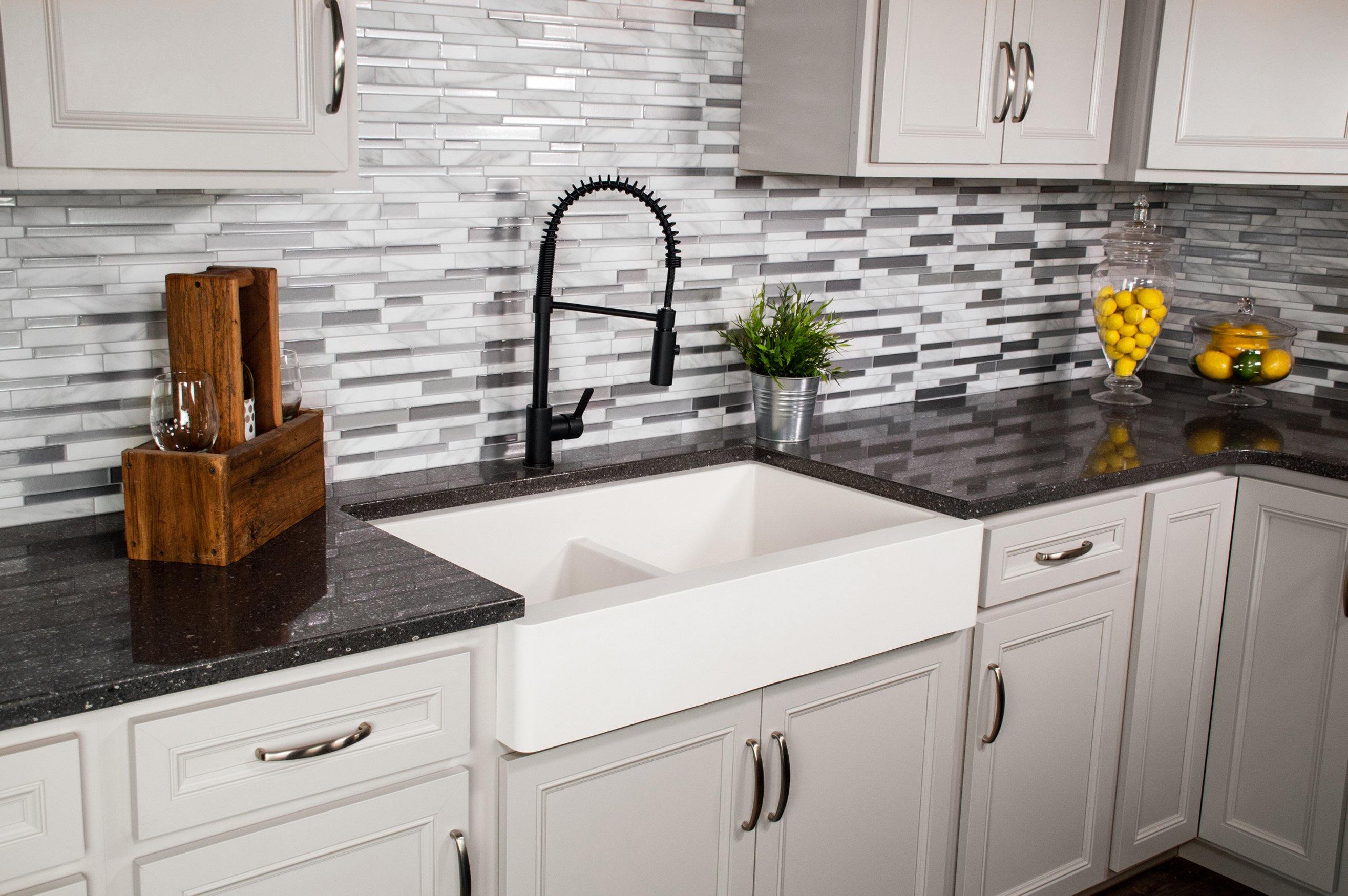 Karran 34" Quartz Composite Retrofit Farmhouse Sink, 50/50 Double Bowl, White, QAR-750-WH