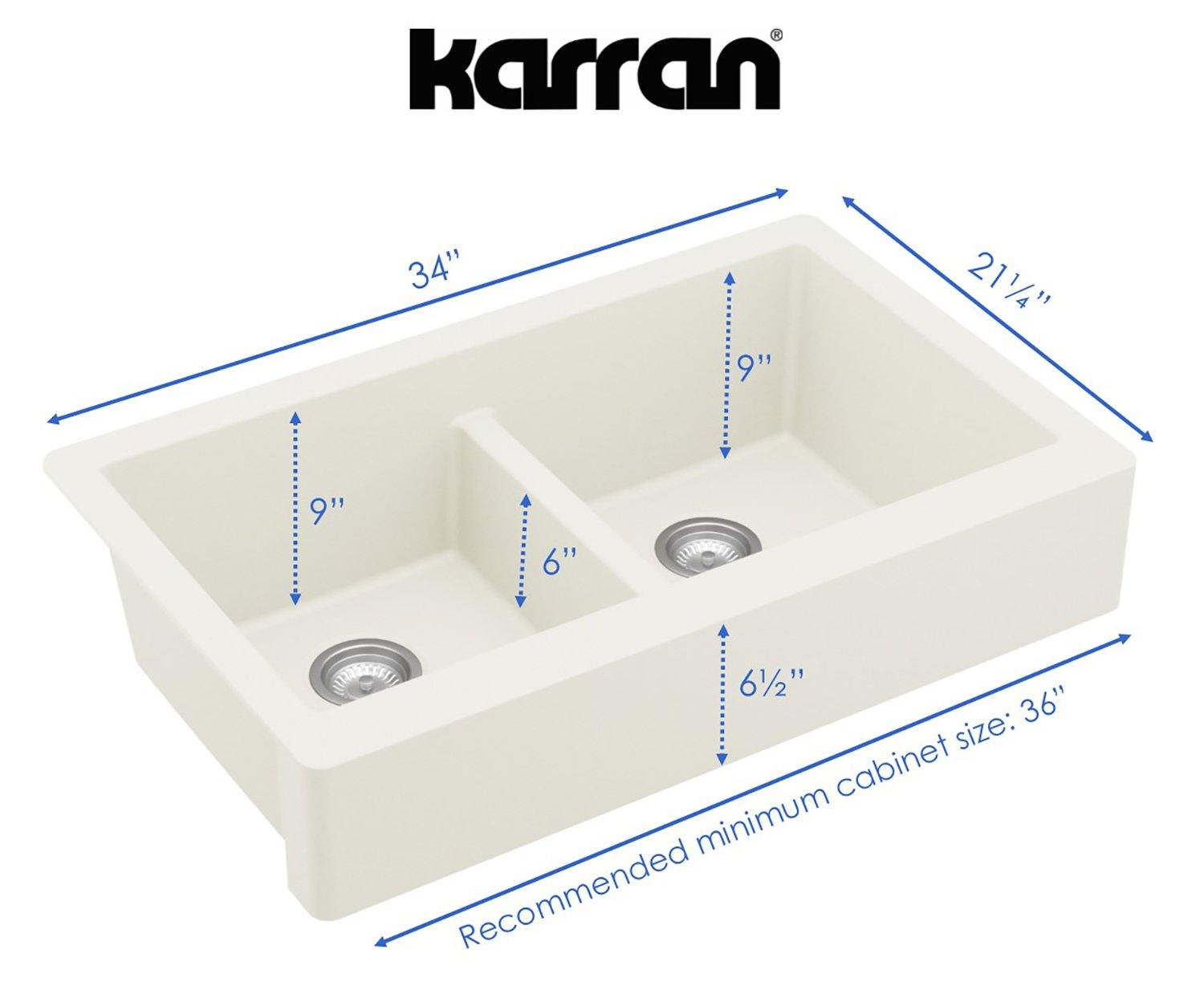 Karran 34" Quartz Composite Retrofit Farmhouse Sink, 50/50 Double Bowl, White, QAR-750-WH