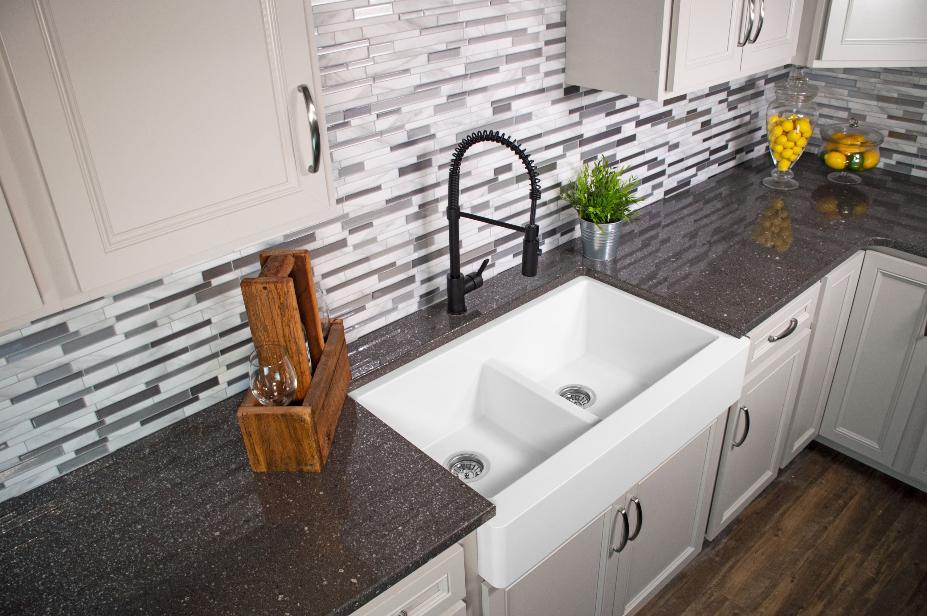 Karran 34" Quartz Composite Retrofit Farmhouse Sink, 50/50 Double Bowl, White, QAR-750-WH-PK1