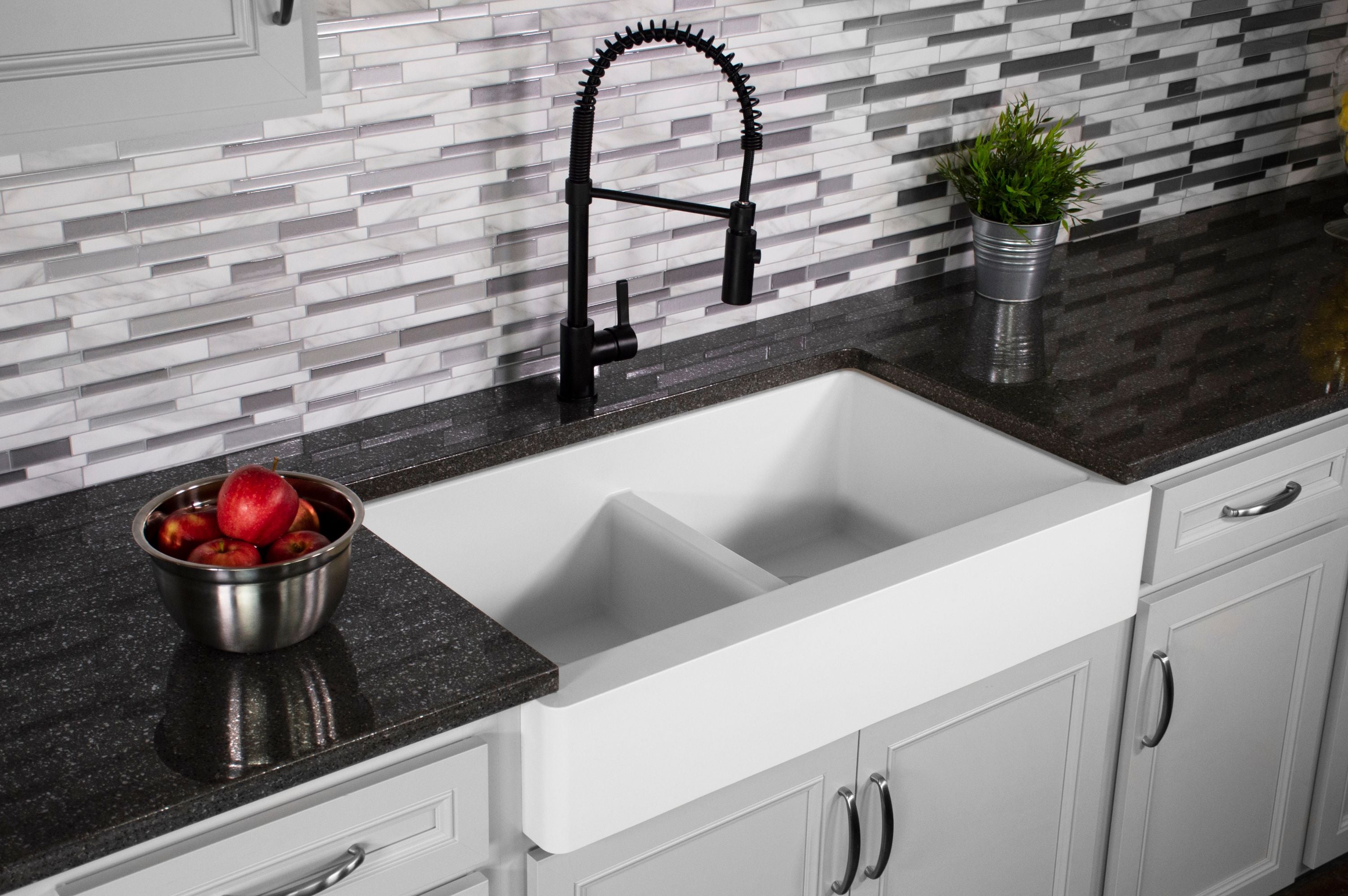 Karran 34" Quartz Composite Retrofit Farmhouse Sink, 50/50 Double Bowl, White, QAR-750-WH-PK1