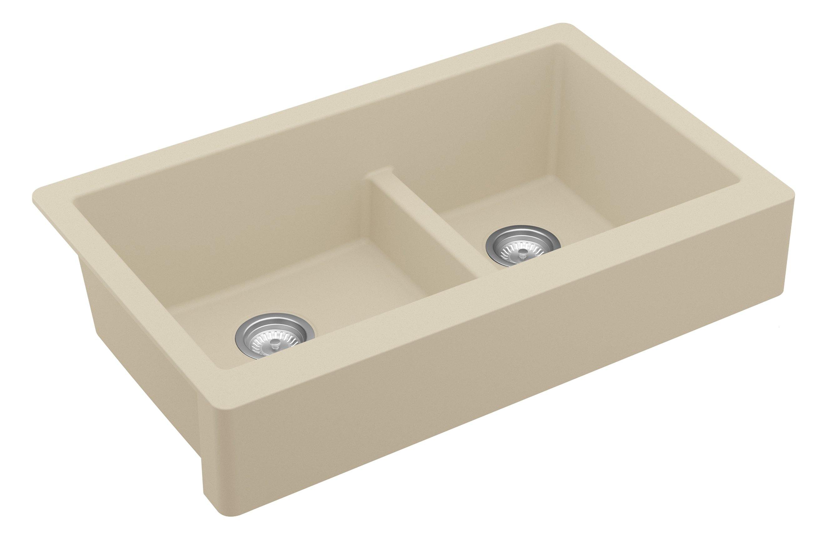 Karran 34" Quartz Composite Retrofit Farmhouse Sink, 60/40 Double Bowl, Bisque, QAR-760-BI