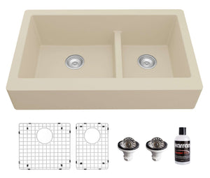 Alternate Image for Karran 34" Quartz Composite Retrofit Farmhouse Sink, 60/40 Double Bowl, Bisque, QAR-760-BI-PK1