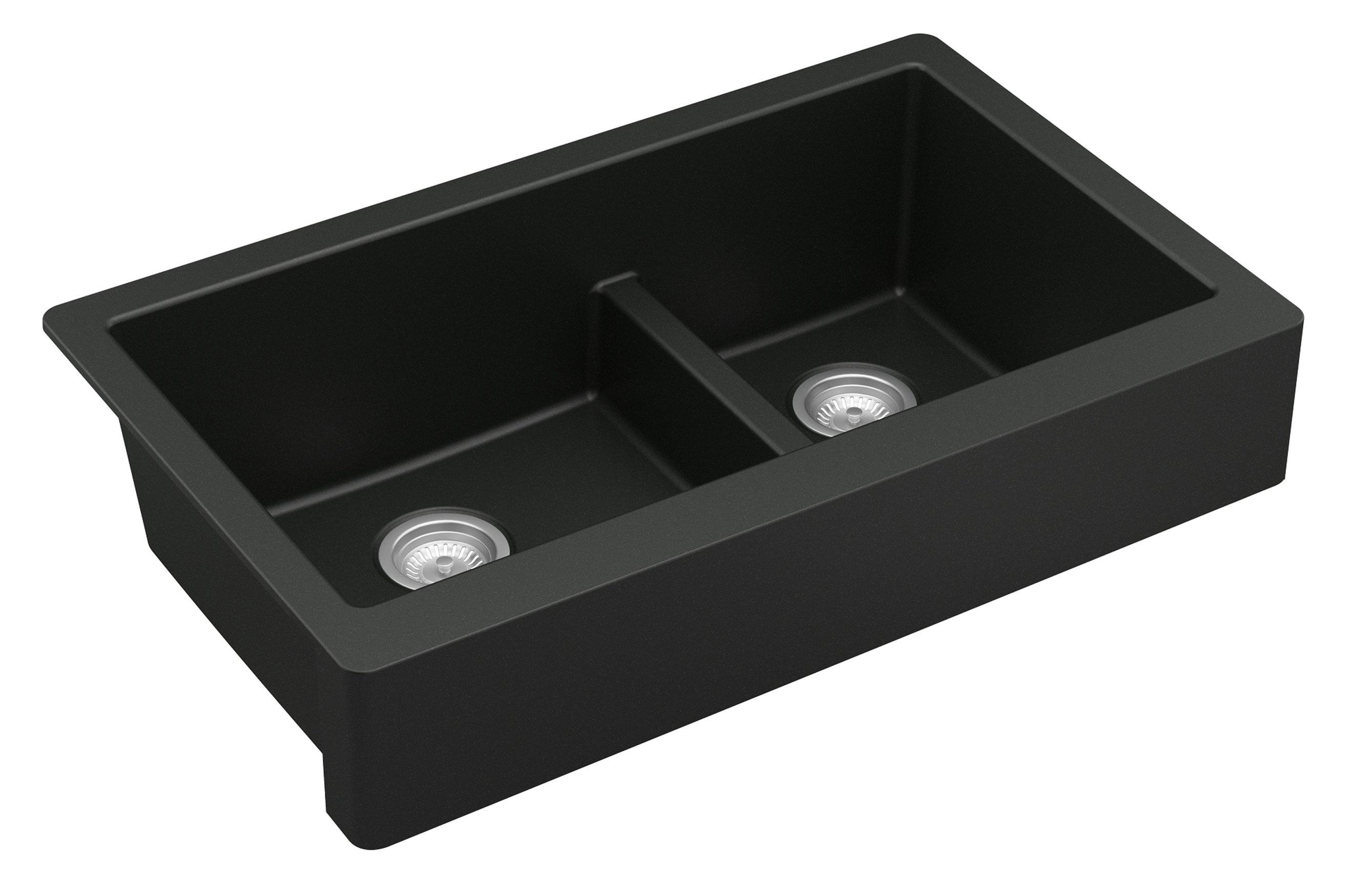 Karran 34" Quartz Composite Retrofit Farmhouse Sink, 60/40 Double Bowl, Black, QAR-760-BL