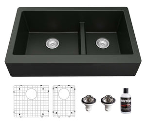 Alternate Image for Karran 34" Quartz Composite Retrofit Farmhouse Sink, 60/40 Double Bowl, Black, QAR-760-BL-PK1