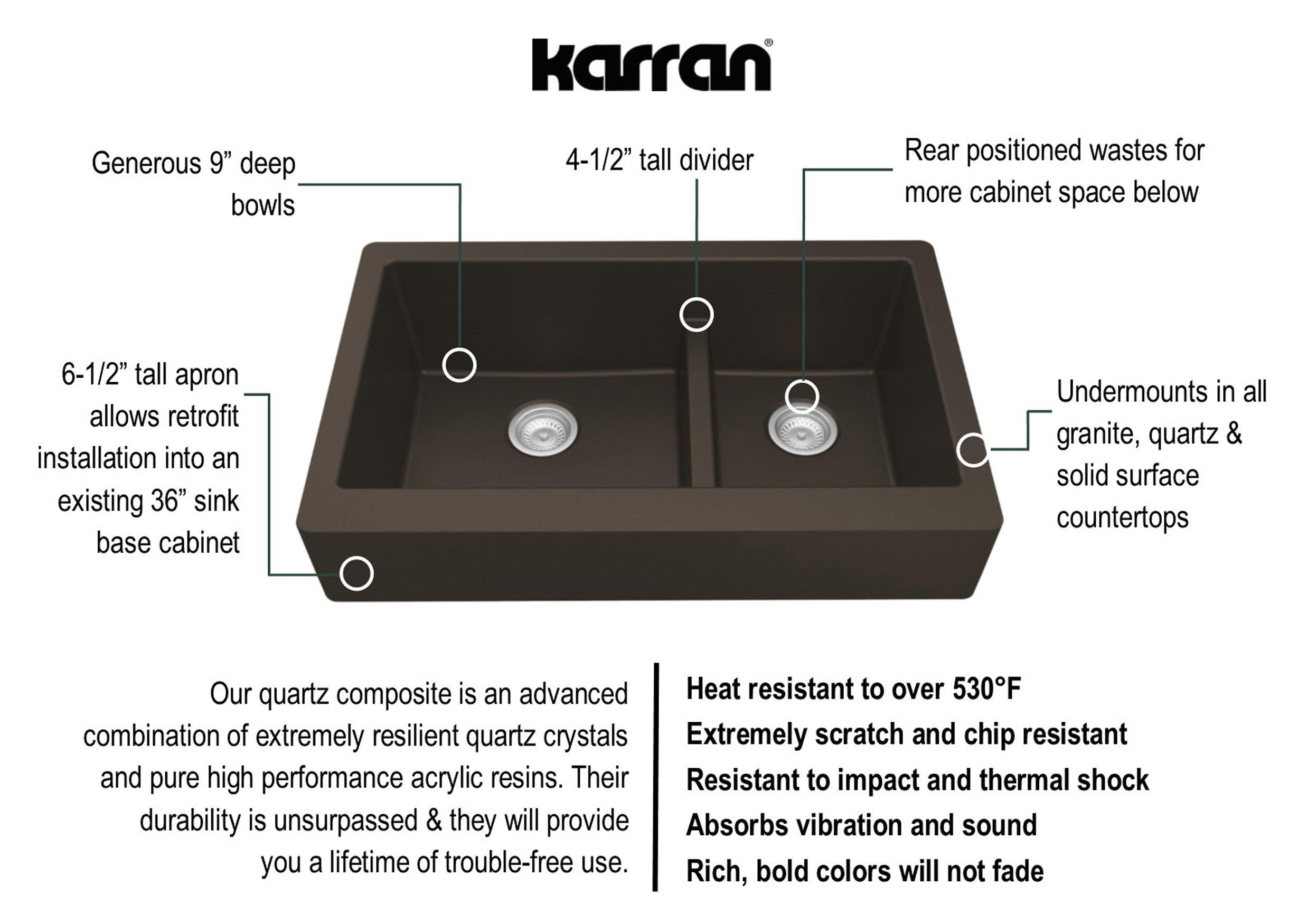 Karran 34" Quartz Composite Retrofit Farmhouse Sink, 60/40 Double Bowl, Brown, QAR-760-BR
