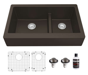 Alternate Image for Karran 34" Quartz Composite Retrofit Farmhouse Sink, 60/40 Double Bowl, Brown, QAR-760-BR-PK1