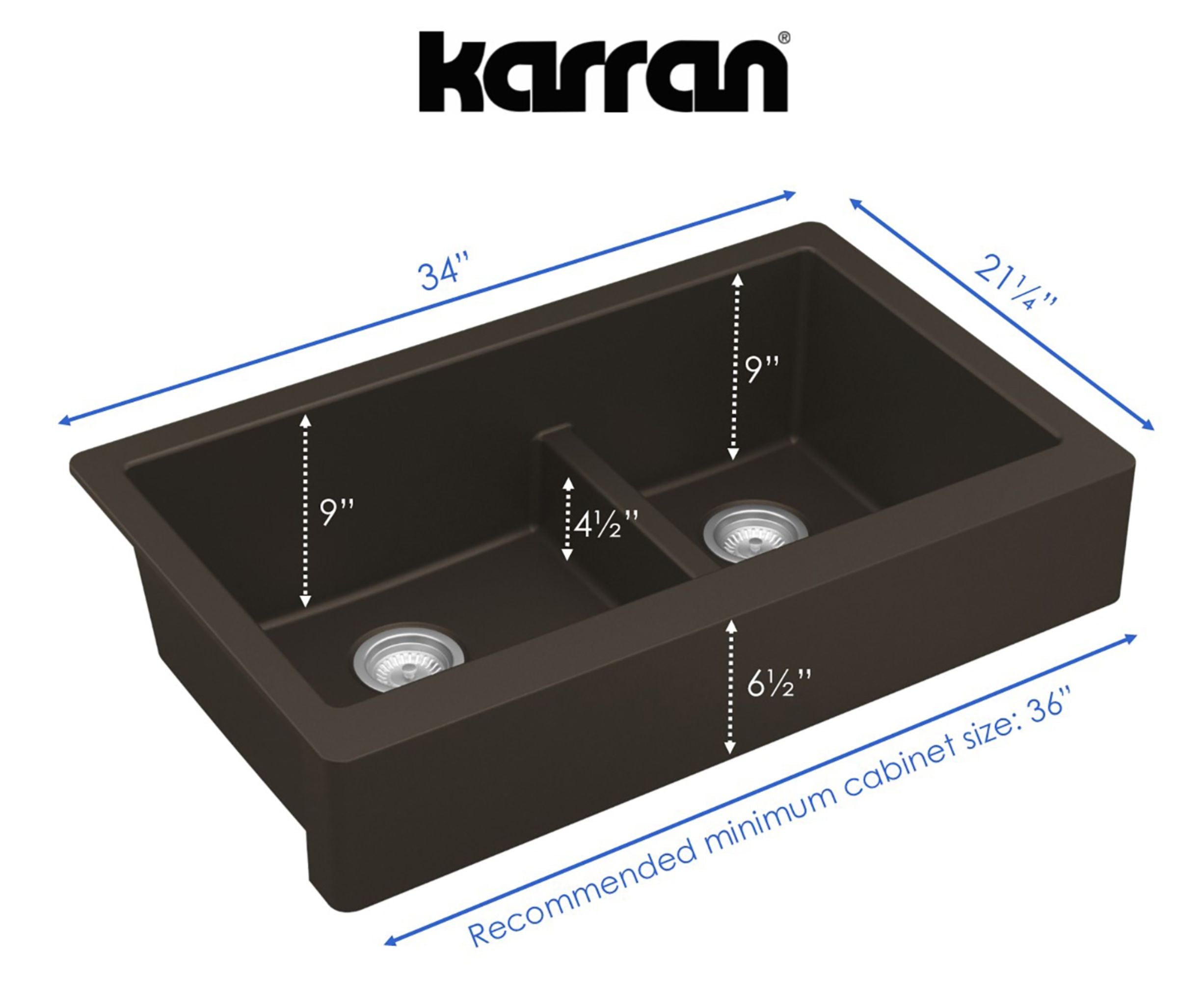 Karran 34" Quartz Composite Retrofit Farmhouse Sink, 60/40 Double Bowl, Brown, QAR-760-BR-PK1