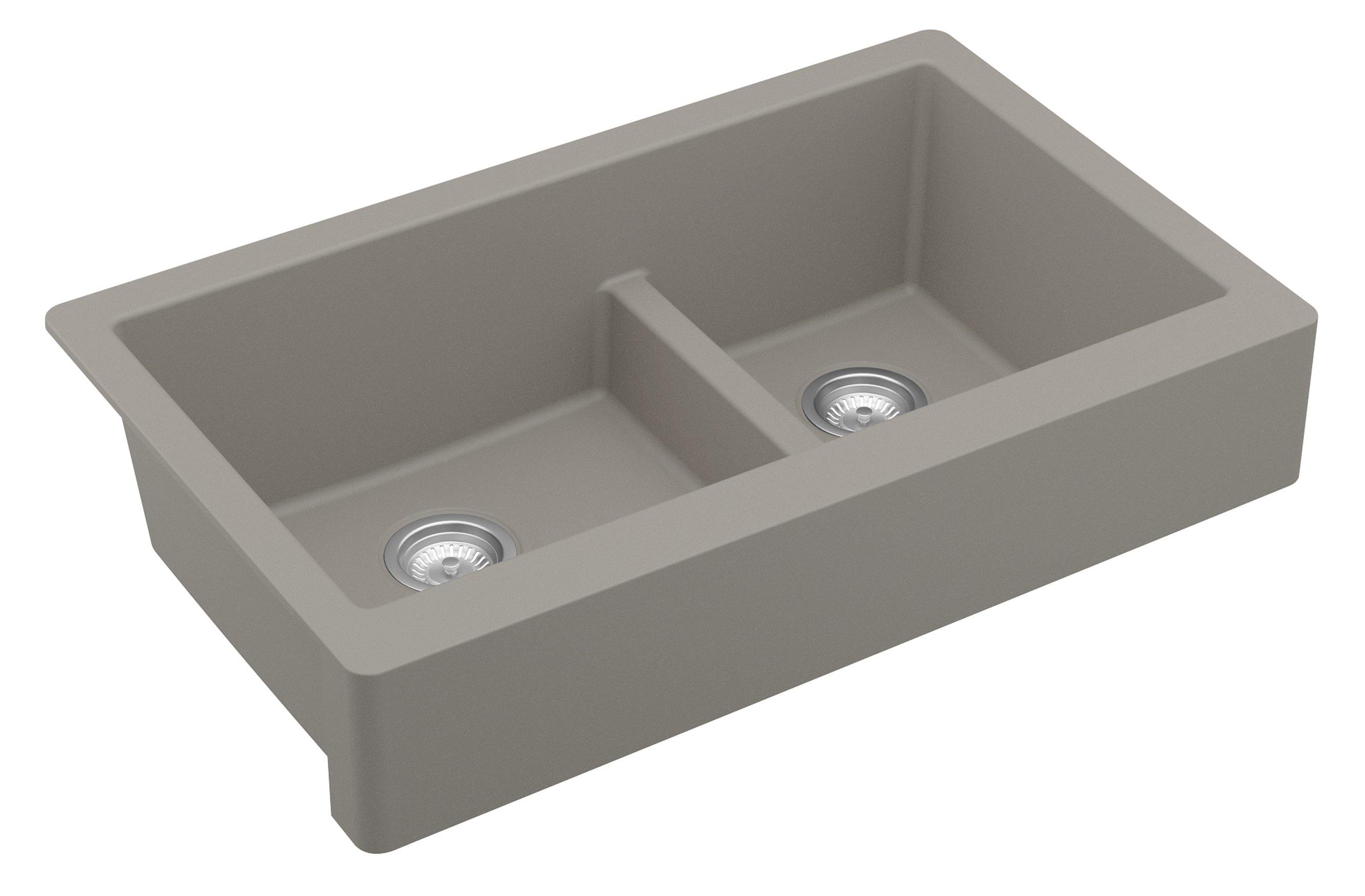 Karran 34" Quartz Composite Retrofit Farmhouse Sink, 60/40 Double Bowl, Concrete, QAR-760-CN