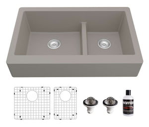 Alternate Image for Karran 34" Quartz Composite Retrofit Farmhouse Sink, 60/40 Double Bowl, Concrete, QAR-760-CN-PK1