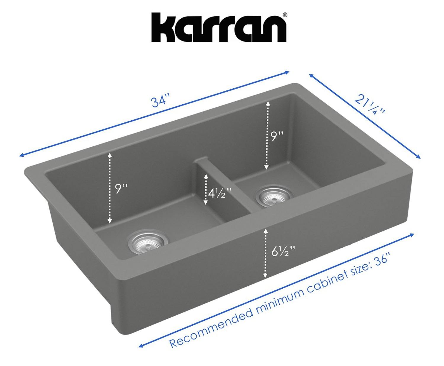 Karran 34" Quartz Composite Retrofit Farmhouse Sink, 60/40 Double Bowl, Grey, QAR-760-GR
