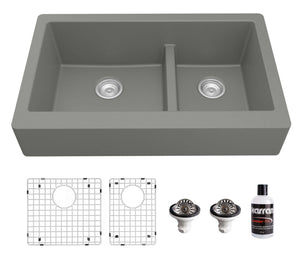 Alternate Image for Karran 34" Quartz Composite Retrofit Farmhouse Sink, 60/40 Double Bowl, Grey, QAR-760-GR-PK1