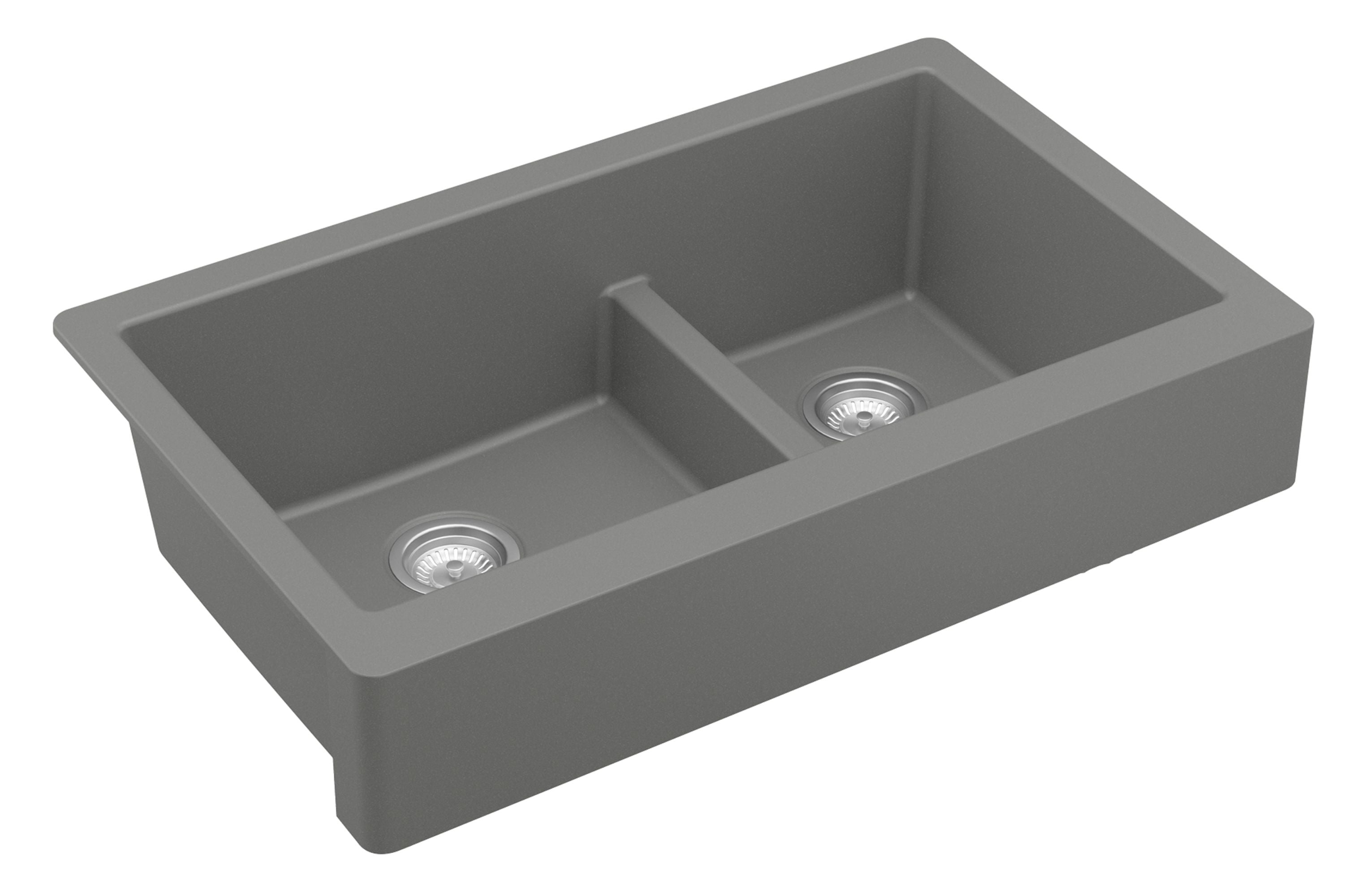 Karran 34" Quartz Composite Retrofit Farmhouse Sink, 60/40 Double Bowl, Grey, QAR-760-GR-PK1