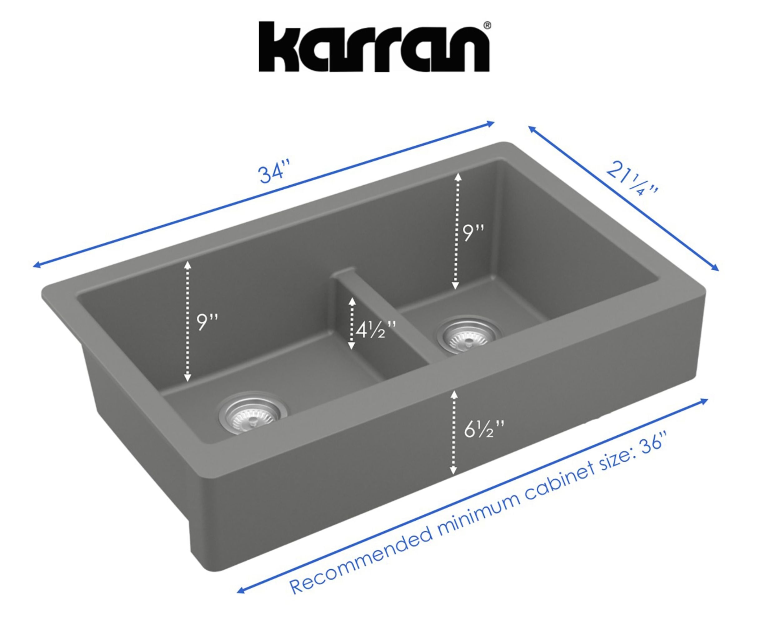 Karran 34" Quartz Composite Retrofit Farmhouse Sink, 60/40 Double Bowl, Grey, QAR-760-GR-PK1