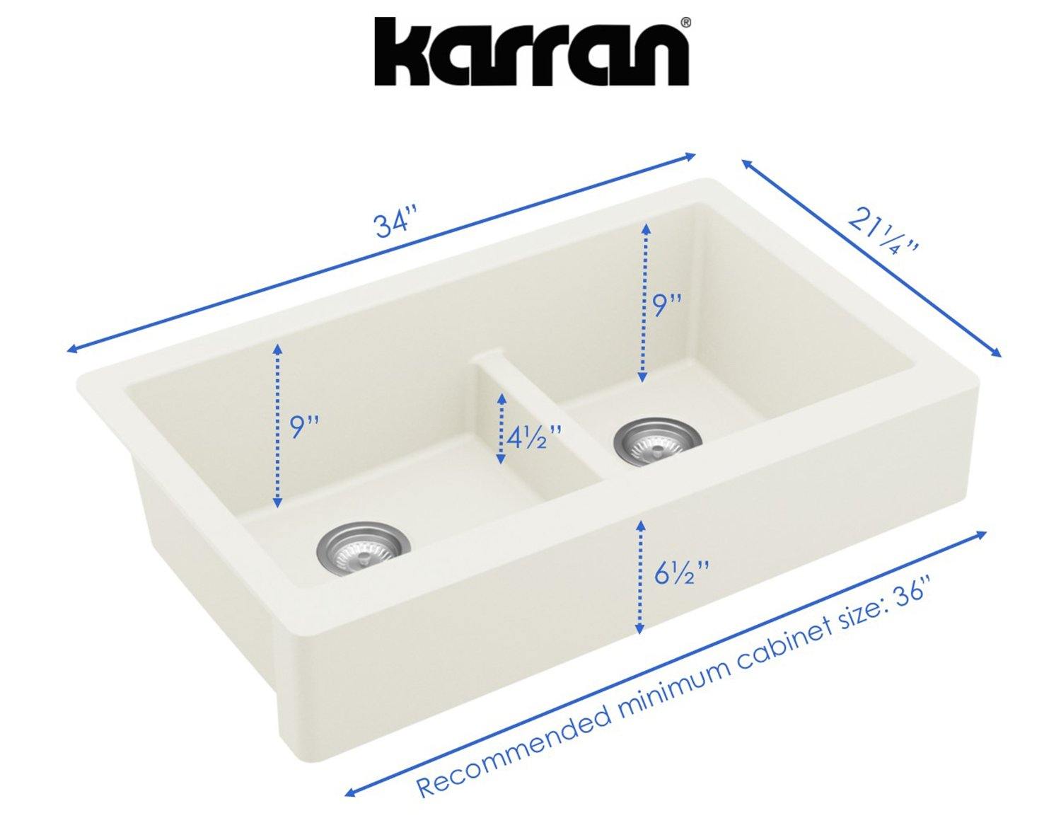 Karran 34" Quartz Composite Retrofit Farmhouse Sink, 60/40 Double Bowl, White, QAR-760-WH