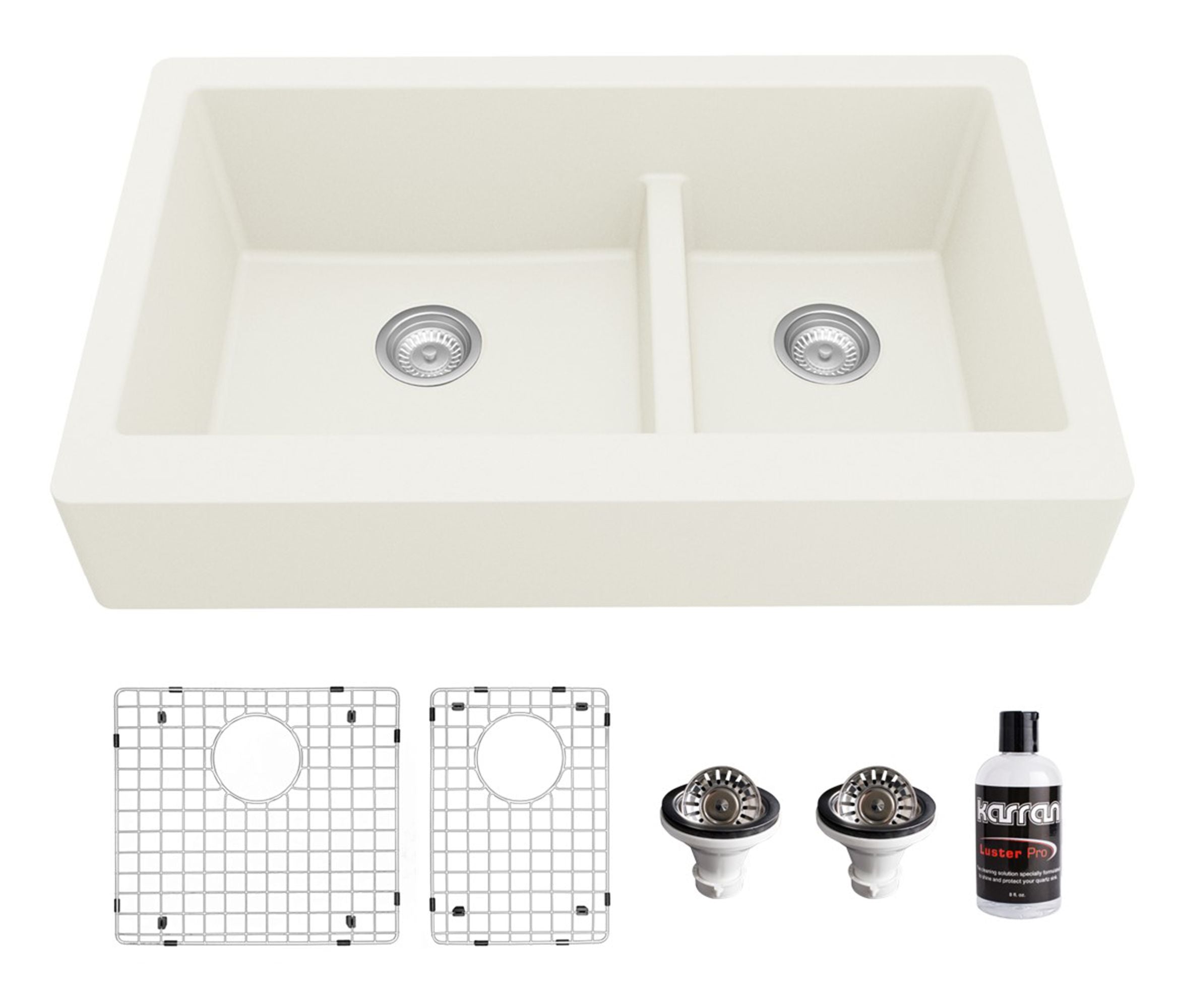 Karran 34" Quartz Composite Retrofit Farmhouse Sink, 60/40 Double Bowl, White, QAR-760-WH-PK1