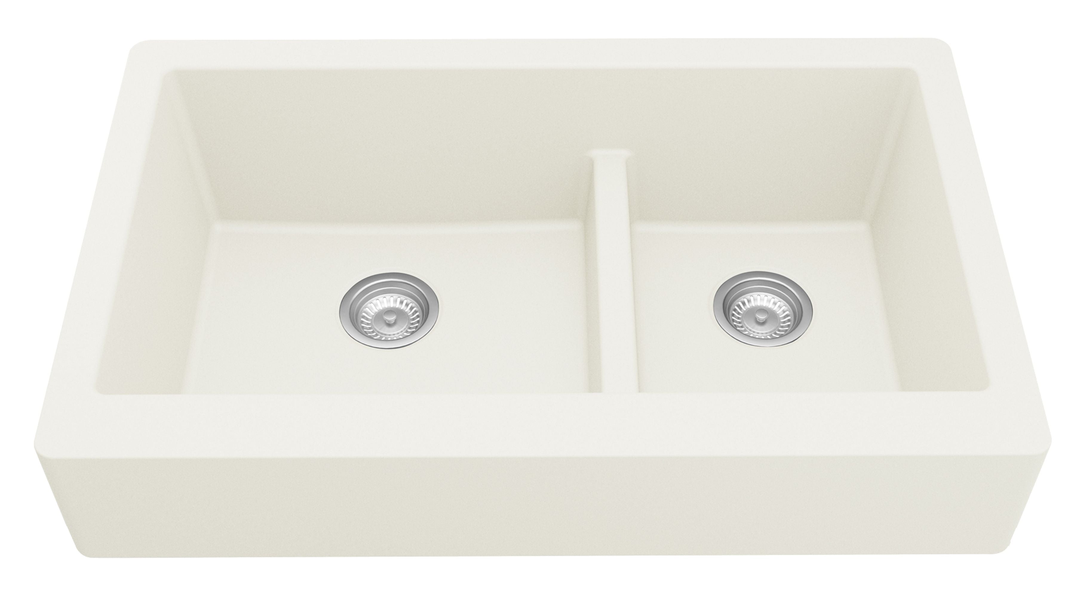Karran 34" Quartz Composite Retrofit Farmhouse Sink, 60/40 Double Bowl, White, QAR-760-WH-PK1
