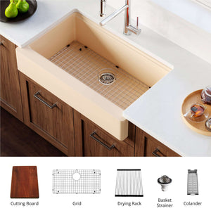 Alternate Image for Karran 34" Quartz Composite Retrofit Workstation Farmhouse Sink with Accessories, Bisque, QARWS-740-BI