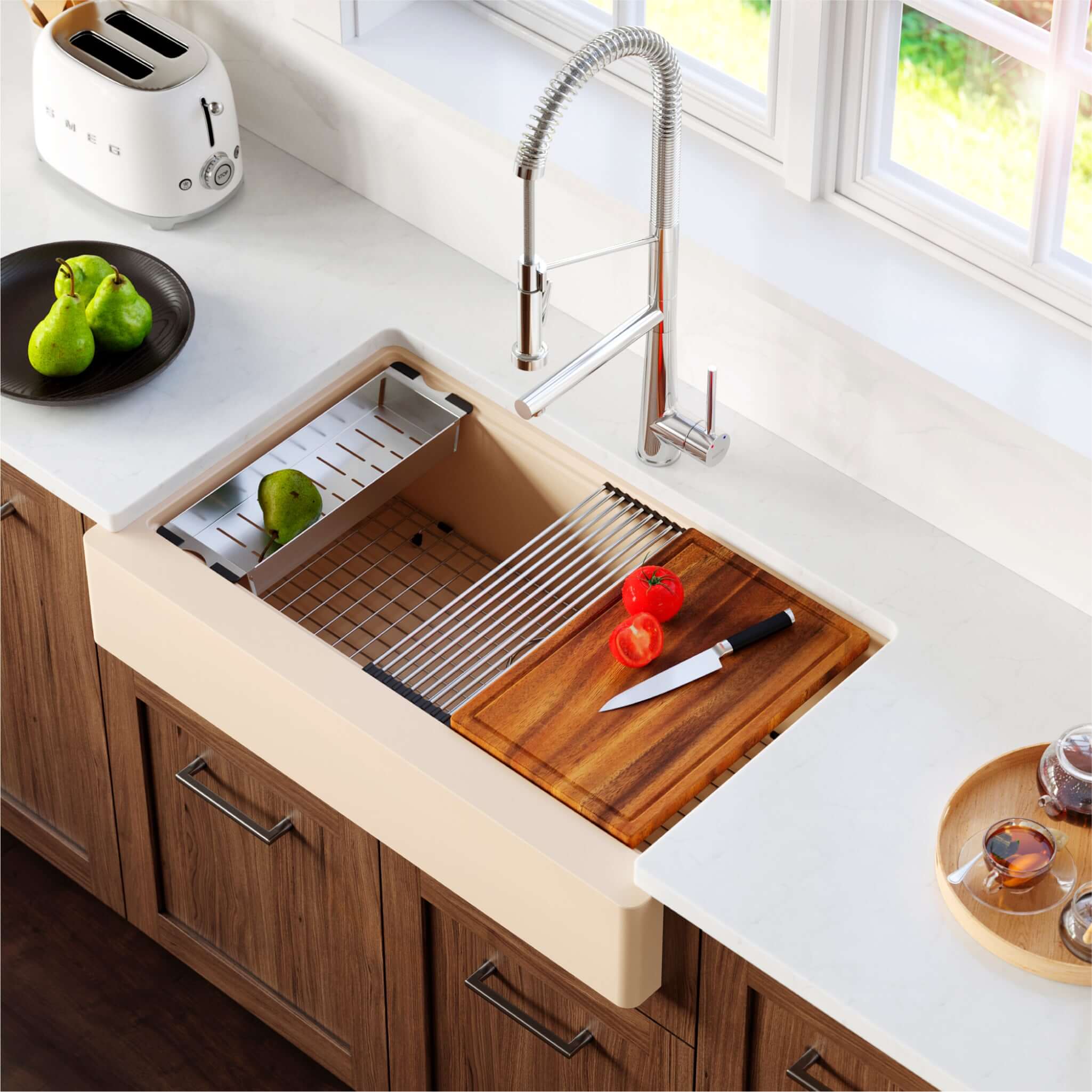 Karran 34" Quartz Composite Retrofit Workstation Farmhouse Sink with Accessories, Bisque, QARWS-740-BI