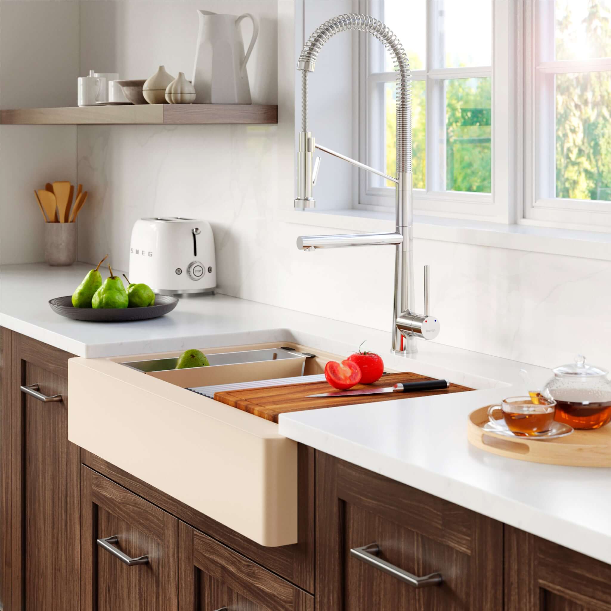 Karran 34" Quartz Composite Retrofit Workstation Farmhouse Sink with Accessories, Bisque, QARWS-740-BI