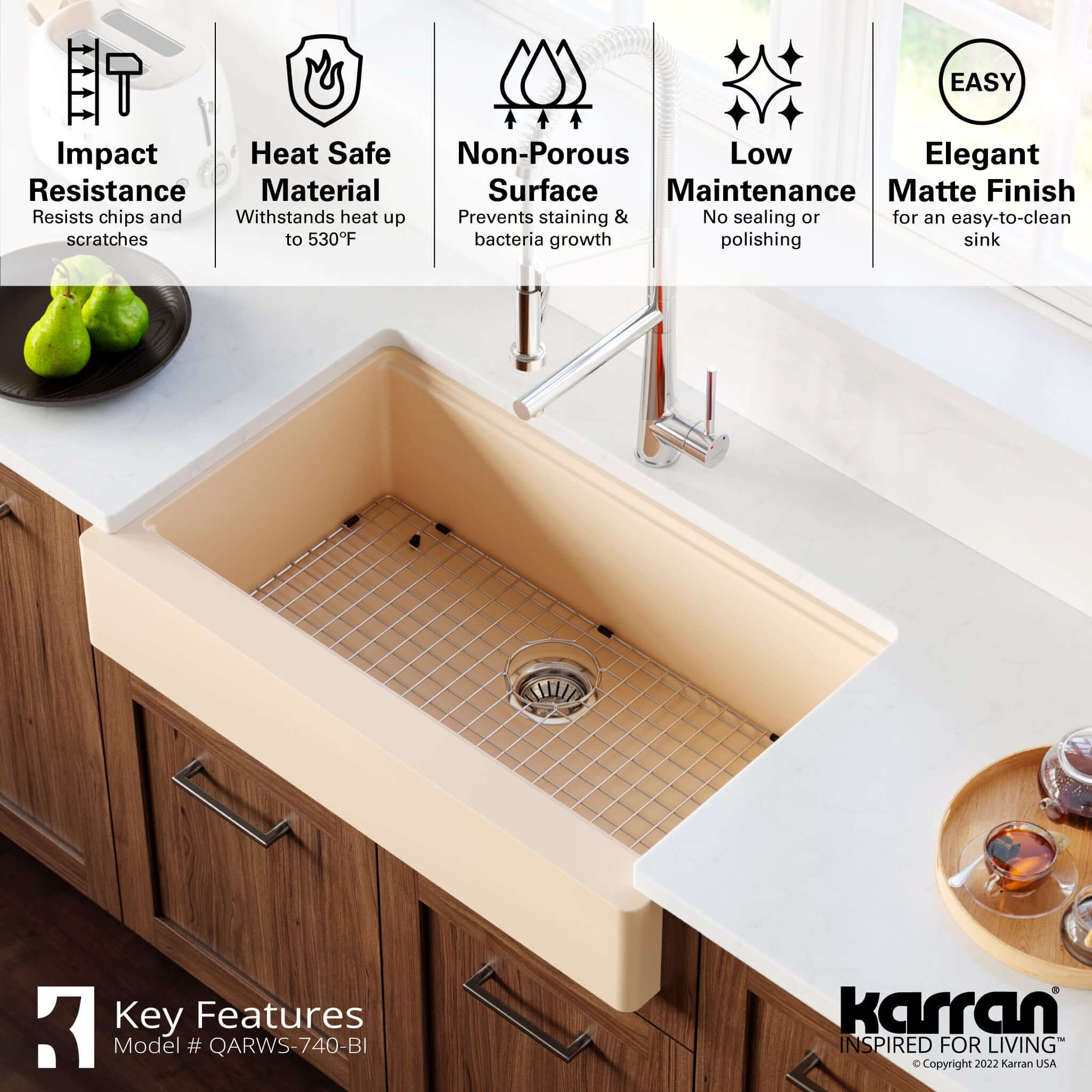 Karran 34" Quartz Composite Retrofit Workstation Farmhouse Sink with Accessories, Bisque, QARWS-740-BI