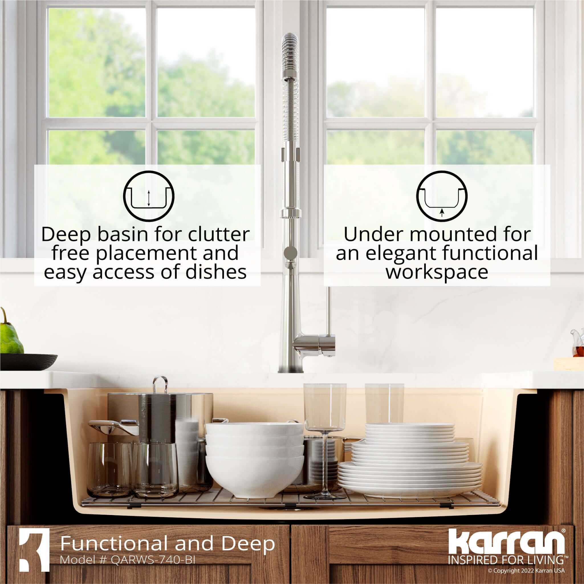 Karran 34" Quartz Composite Retrofit Workstation Farmhouse Sink with Accessories, Bisque, QARWS-740-BI