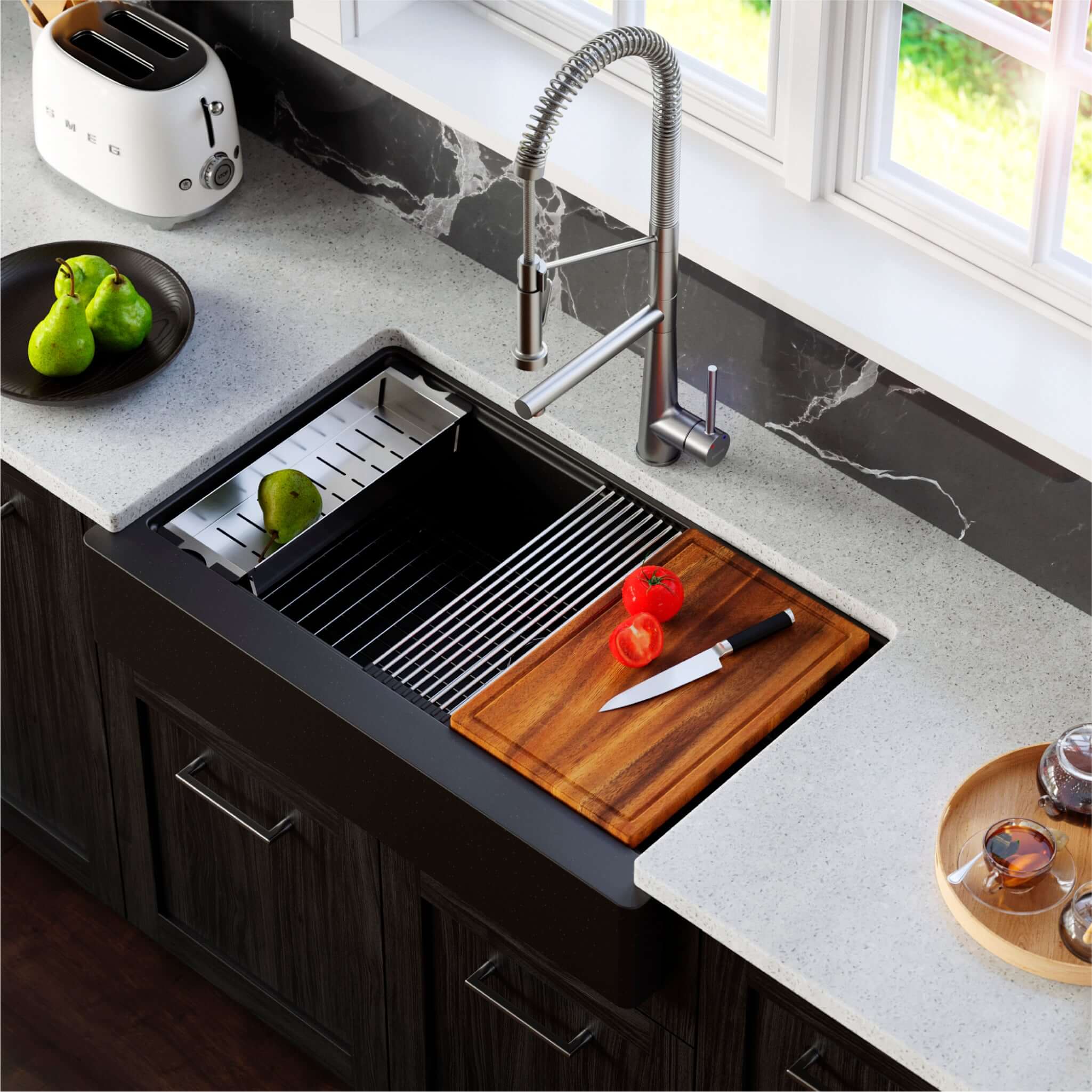 Karran 34" Quartz Composite Retrofit Workstation Farmhouse Sink with Accessories, Black, QARWS-740-BL
