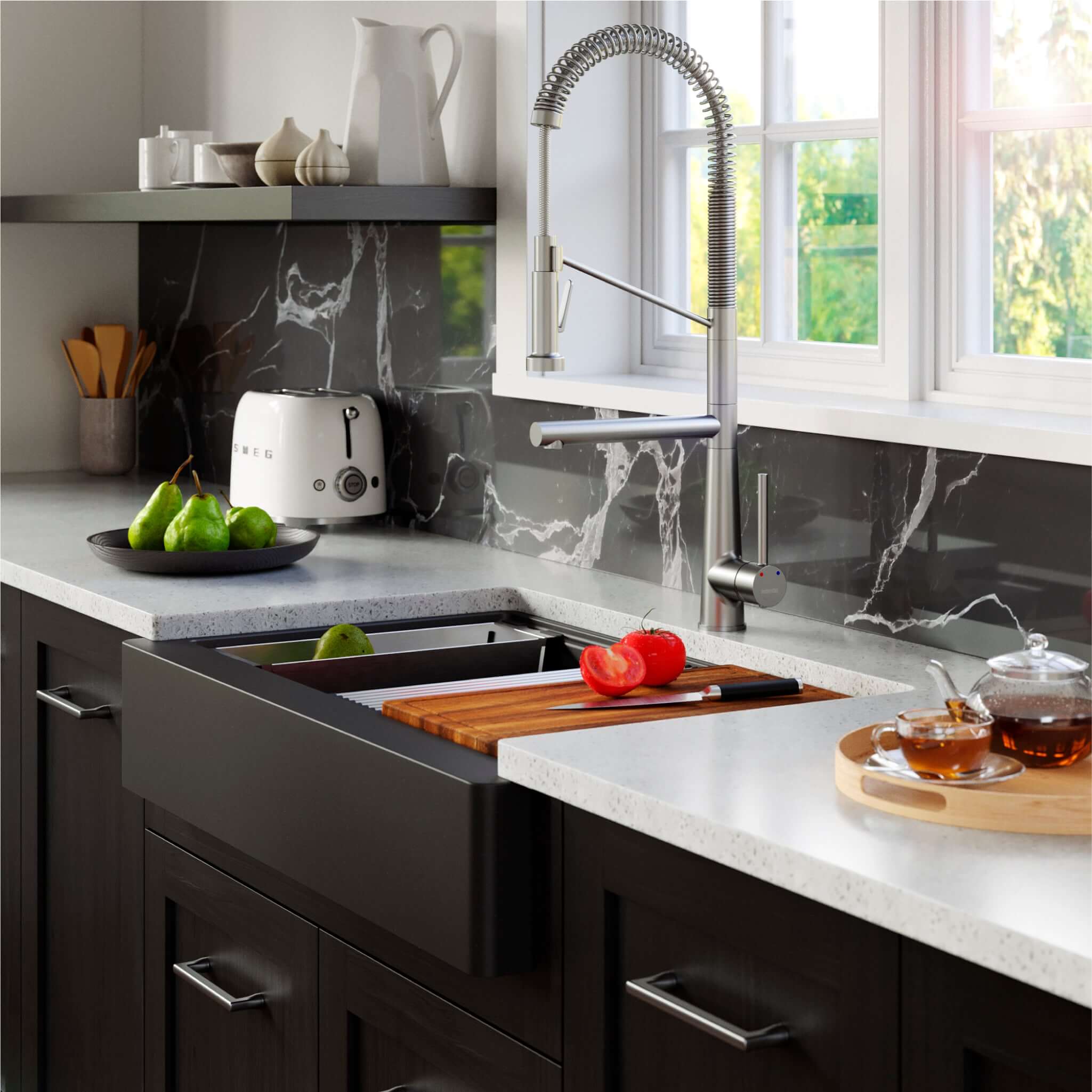 Karran 34" Quartz Composite Retrofit Workstation Farmhouse Sink with Accessories, Black, QARWS-740-BL